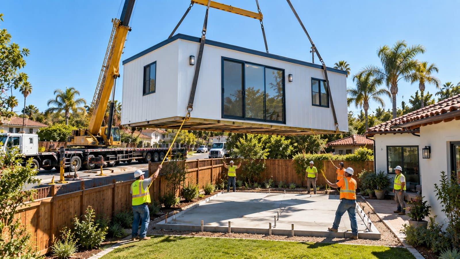 Crew in safety vests guide a modular home being lowered onto a concrete foundation with a large crane overhead in a sunny backyard scene.