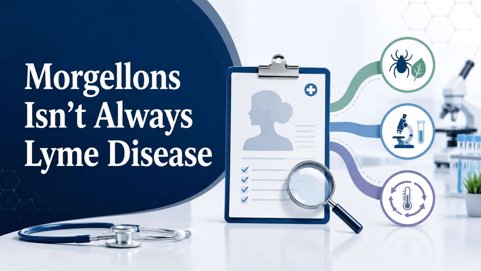 Medical-style featured image reading “Morgellons Isn’t Always Lyme Disease,” with a patient chart, magnifying glass, microscope, tick icon, and diagnostic pathways representing careful investigation.