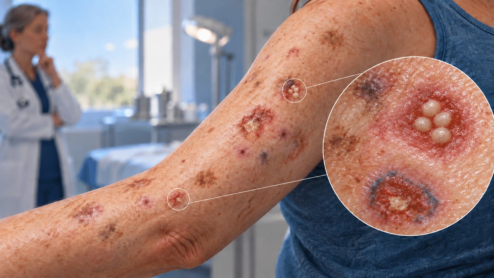 Medical illustration of an arm with recurrent skin lesions, pigment changes, purple spots, raised white nodules, and magnified lesion details.