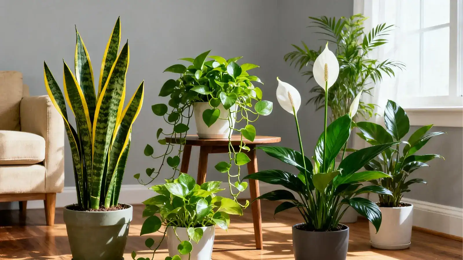Six popular indoor plants including a snake plant, peace lily, spider plant, pothos, Boston fern, and rubber plant