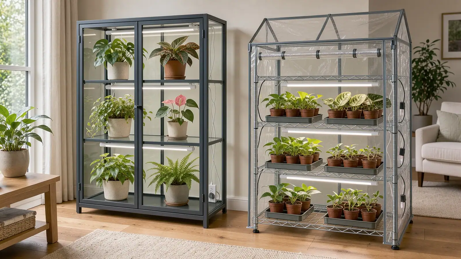 Glass plant cabinet beside a covered grow rack in a bright room