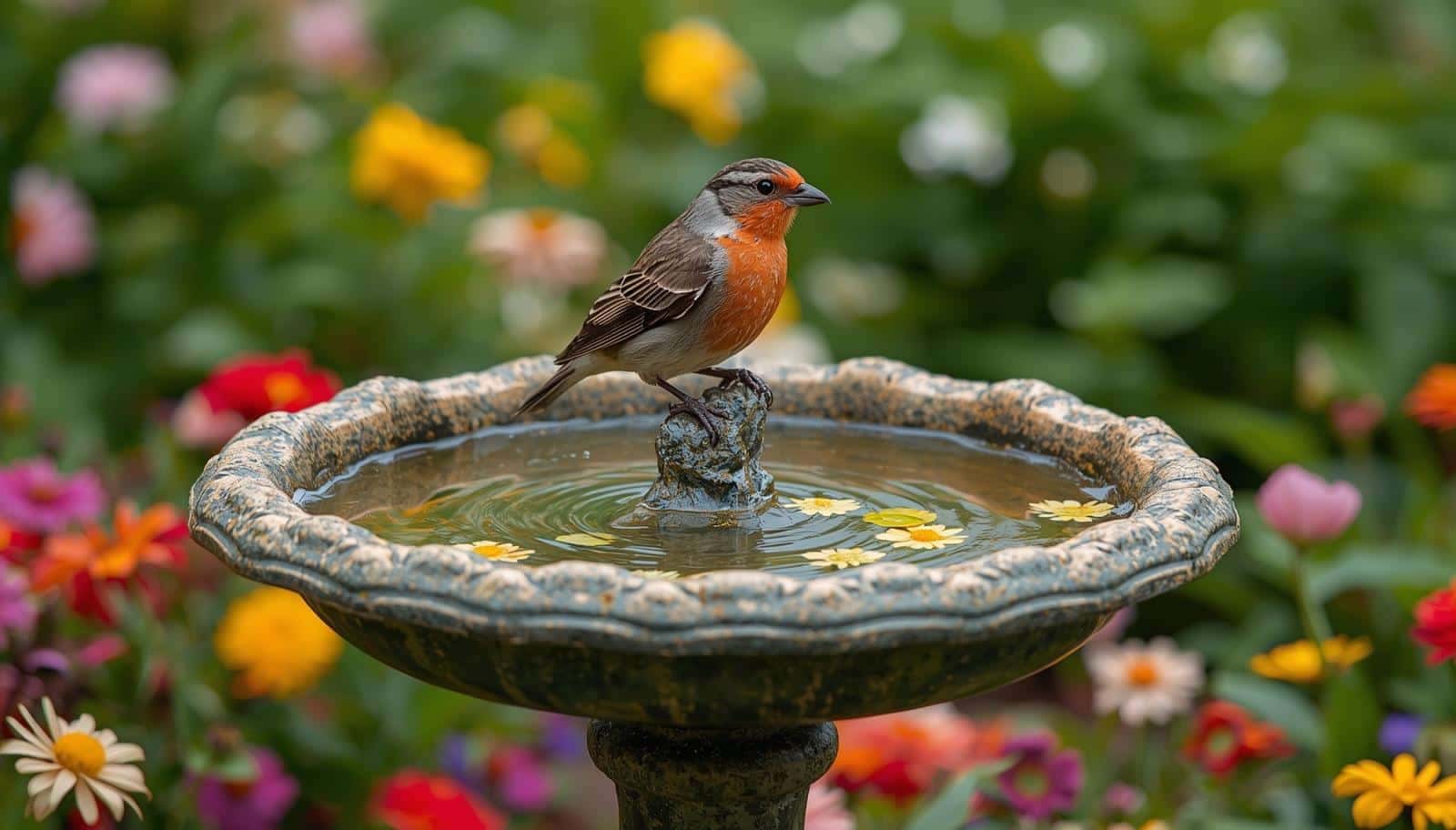Flowers Around Bird Bath