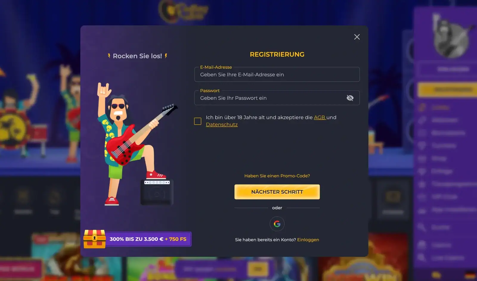 Registrierungsformular bei Rolling Slots mit E-Mail-Feld, Passwort und Bestätigung der Volljährigkeit