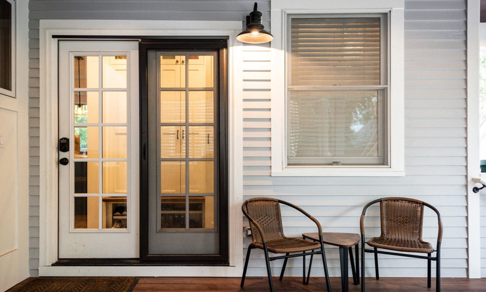 view of seating area on outdoor living room porch addition