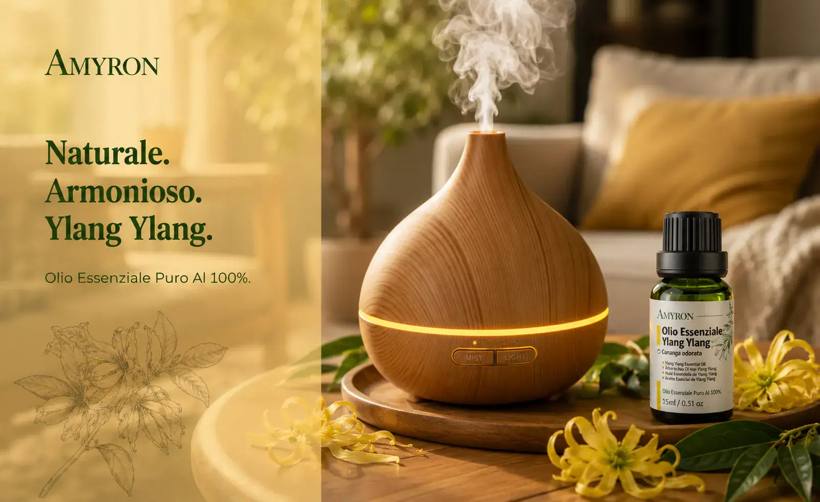 Fiore di Ylang Ylang con una goccia di olio essenziale che cade nel flacone AMYRON in vetro verde, simbolo di purezza e qualità naturale.