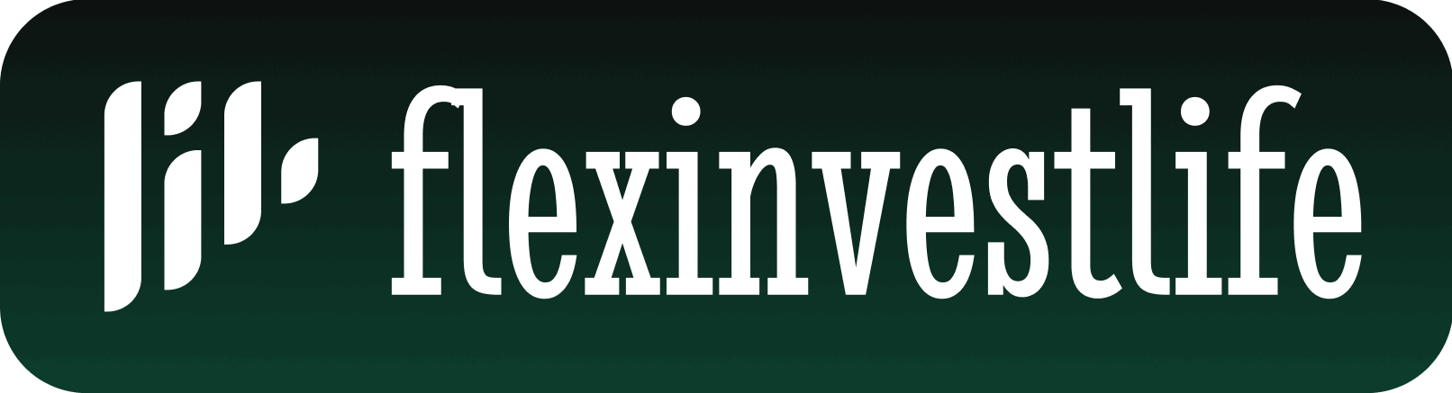 Logo for FlexInvestLife featuring a white emblem and the word 'flexinvestlife' on a dark green gradient rounded background.