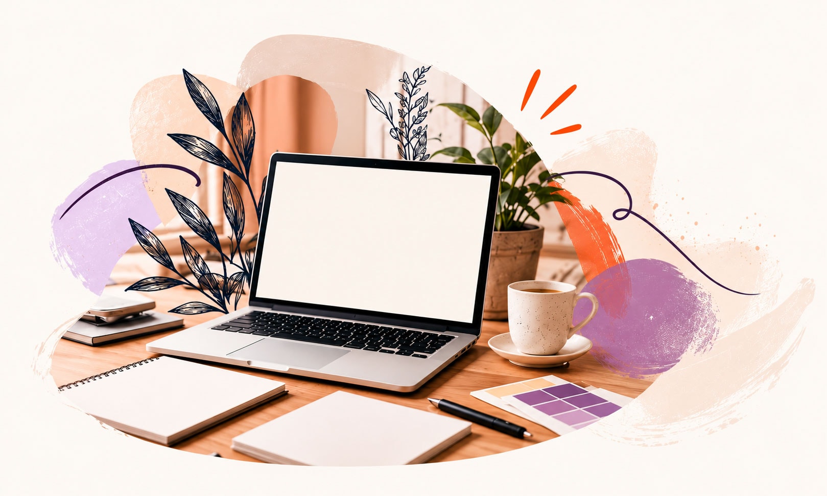 Grafikdesign Arbeitsplatz mit Laptop und Pflanzen