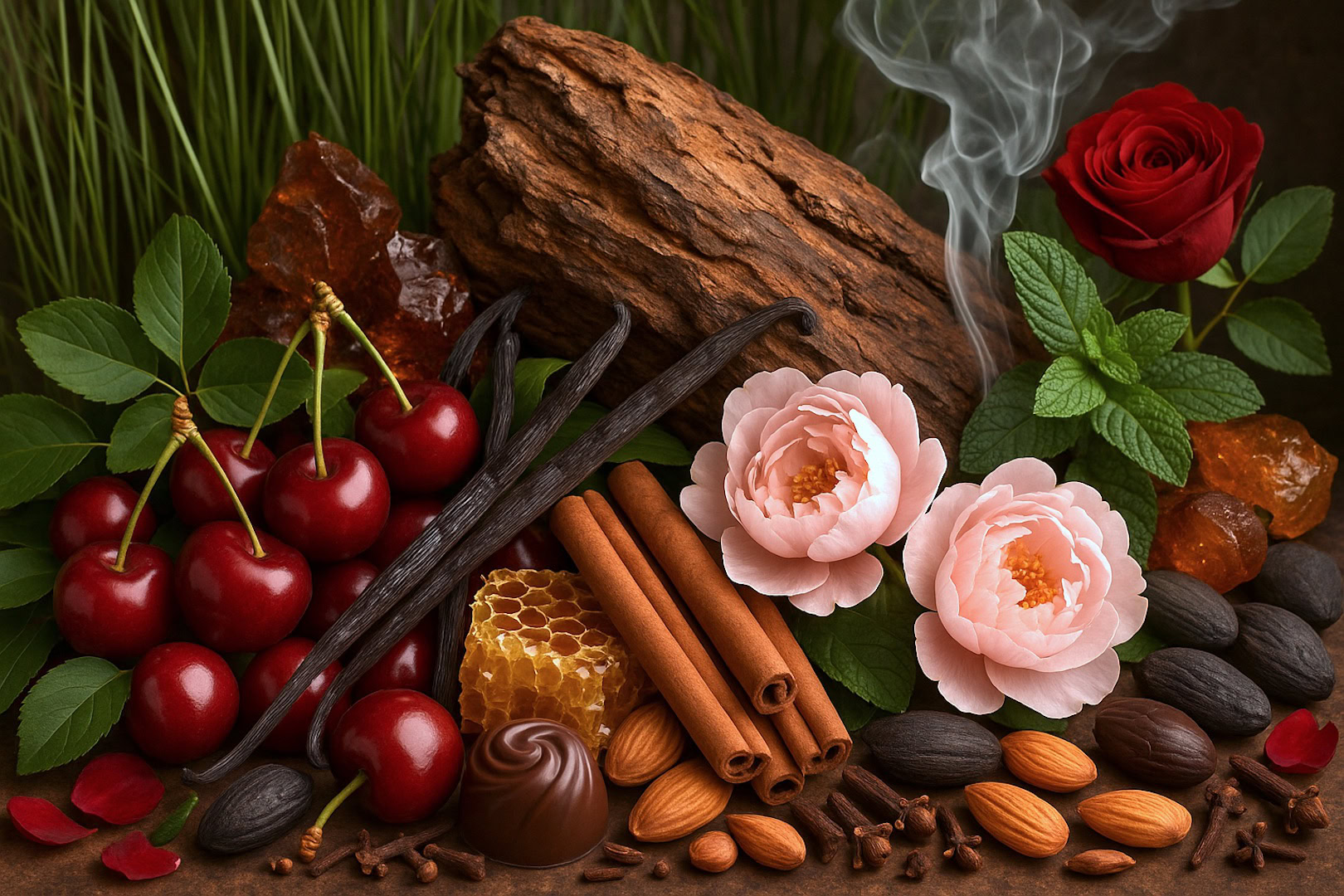 Cherry in perfumery is recreated through molecules like benzaldehyde, esters, coumarin, and vanillin. Its lush profile combines juicy sweetness, tangy sharpness, almond warmth, and confectionary depth, enriching gourmand, fruity floral, oriental, and woody fragrances.