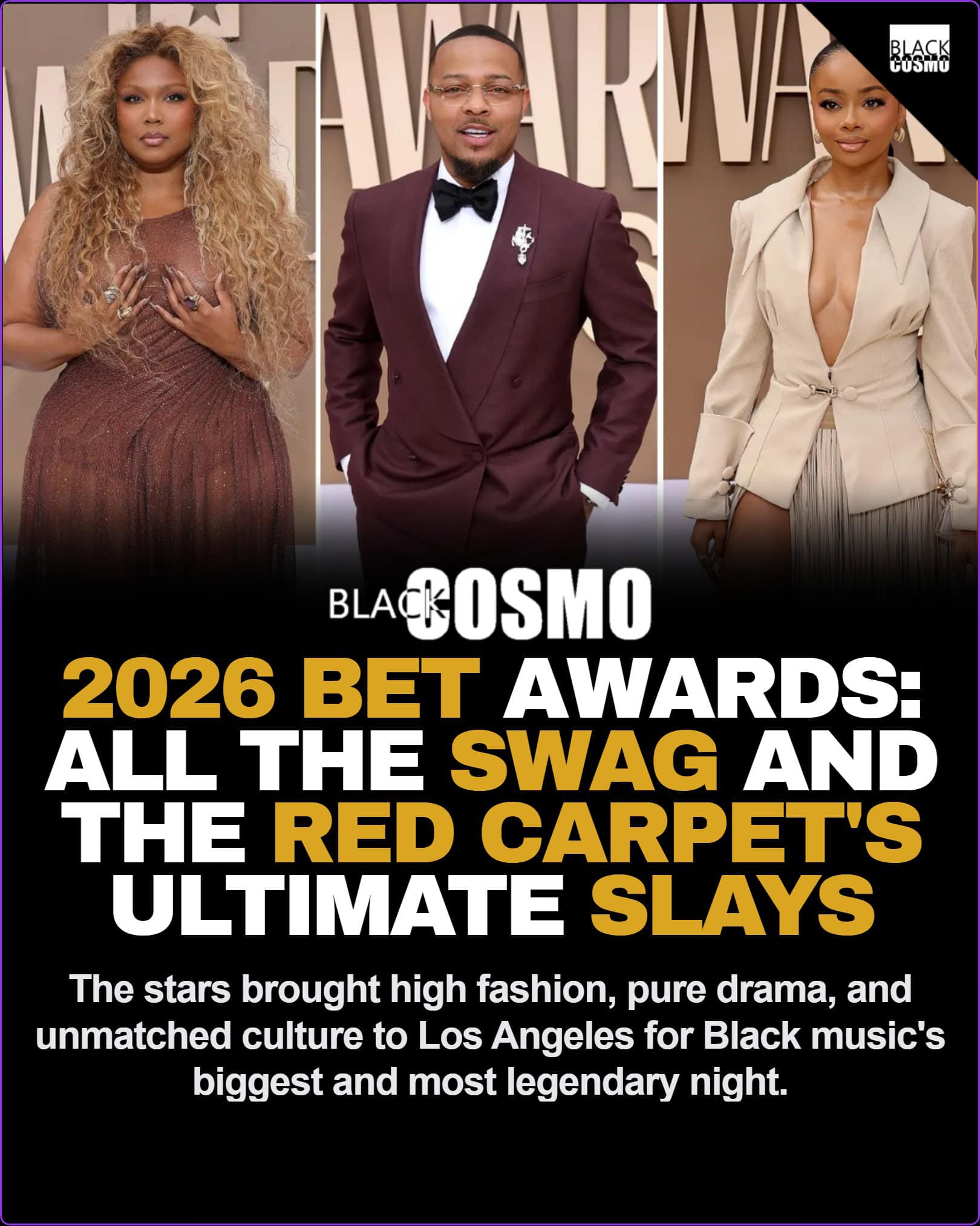 Celebrities posing on the 2026 BET Awards red carpet at the Peacock Theater in Los Angeles