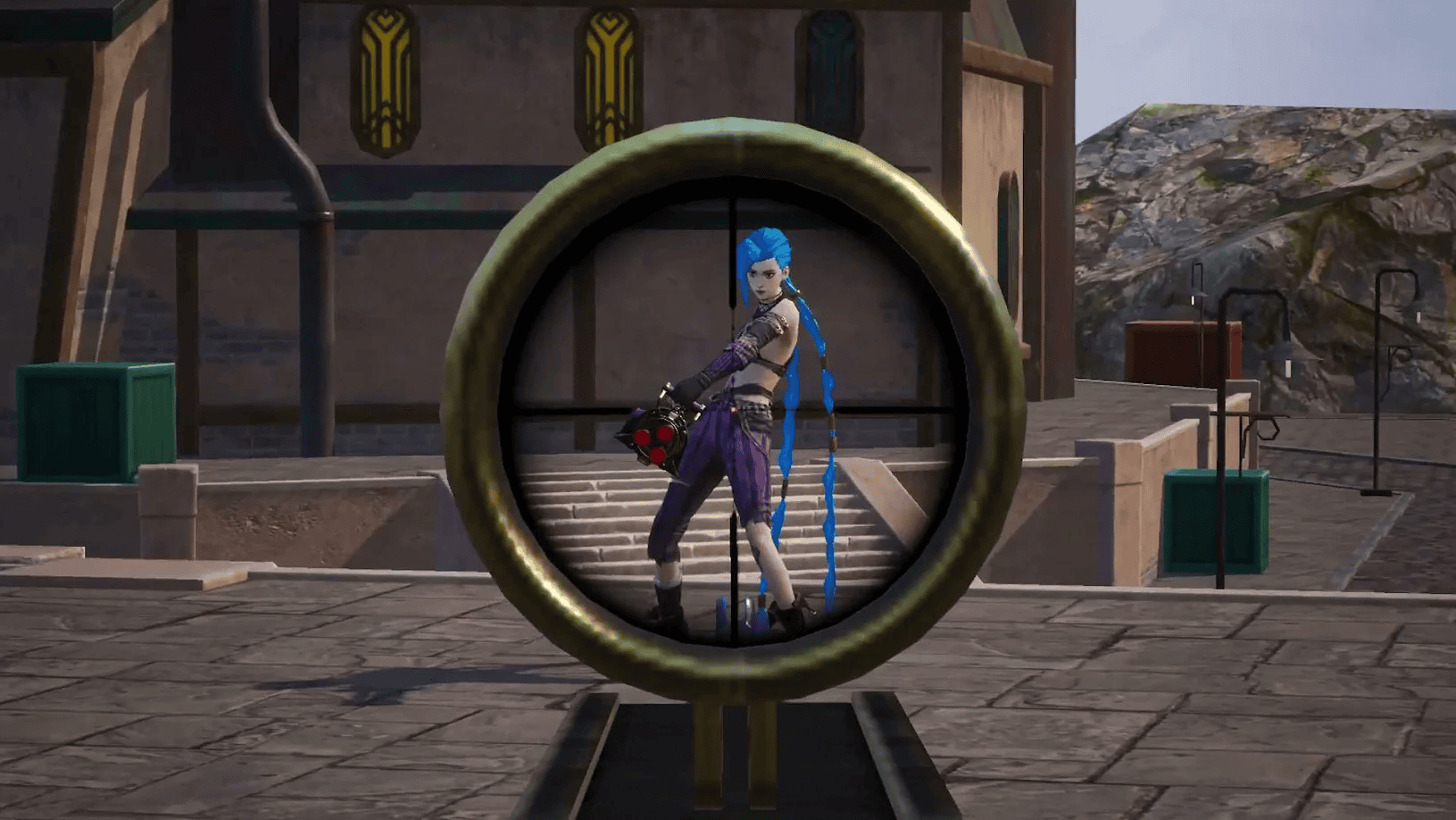 In a partnership with League of Legends, PUBG Mobile incorporated Arcane characters into the gameplay A screenshot showing Jinx, a League of Legends character, within the gameplay of PUBG Mobile