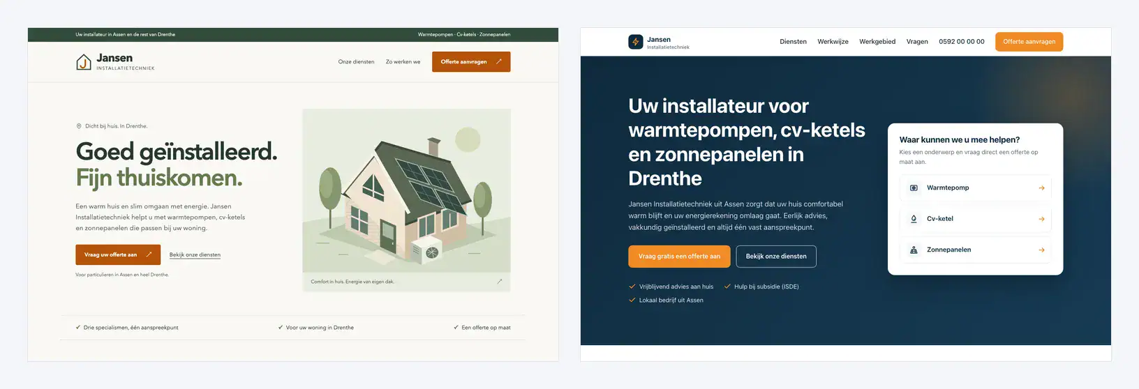 Twee homepages voor het verzonnen installatiebedrijf Jansen: links gemaakt door ChatGPT, rechts door Claude