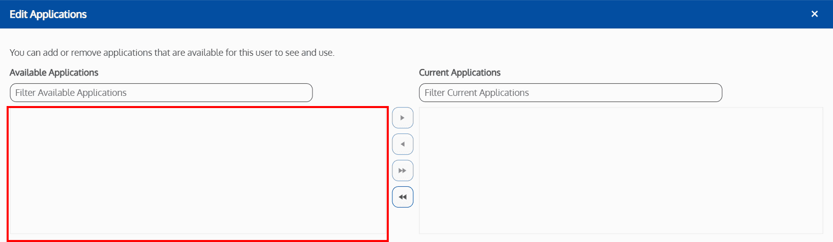 Screenshot of the available applications in the edit applications popup window
