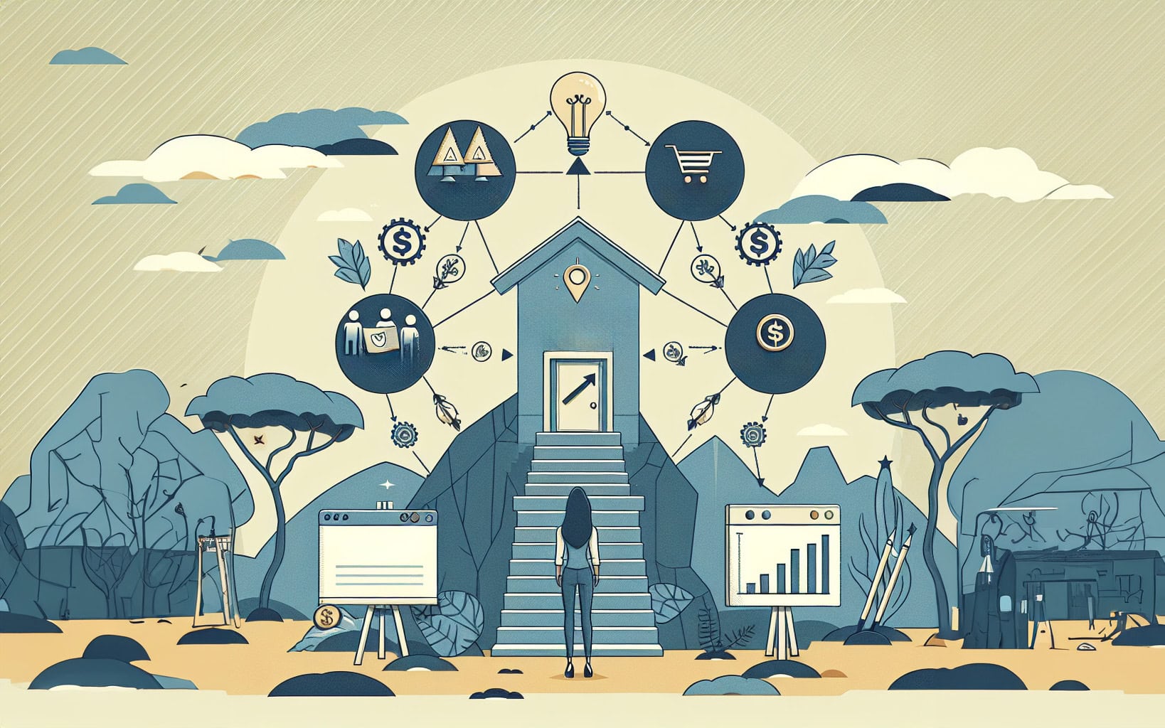 illustration of a man standing in front of a house on a hill with bubbles 