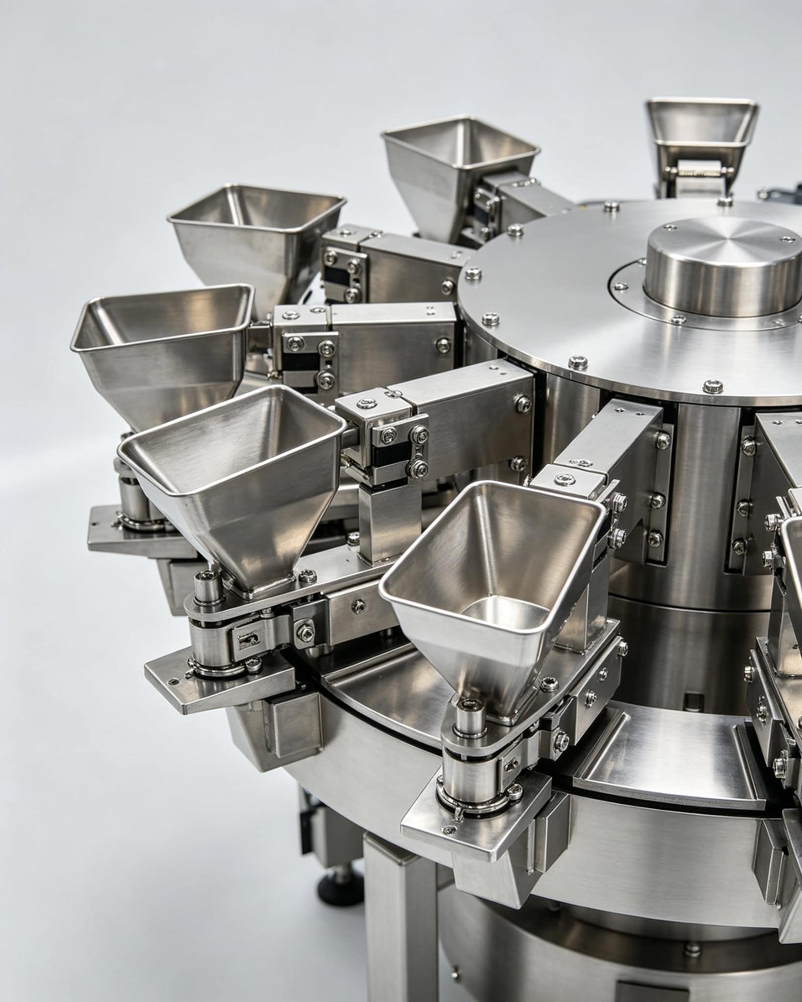 Close-up of stainless steel weigh hoppers on SunAura Machinery 18-head multihead weigher