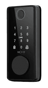 Puerta de seguridad con cerradura inteligente Nexxt Home NHS-D150 BK en acabado de acero inoxidable, control WiFi y tecnología avanzada para mayor protección y comodidad.