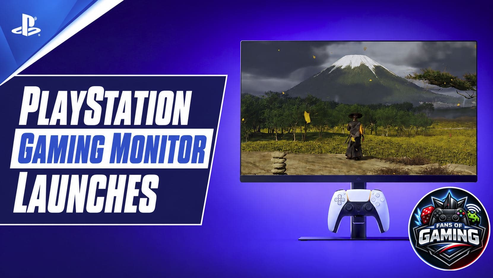 PlayStation gaming monitor displays PS5 action beside a DualSense controller hanging from its charging hook