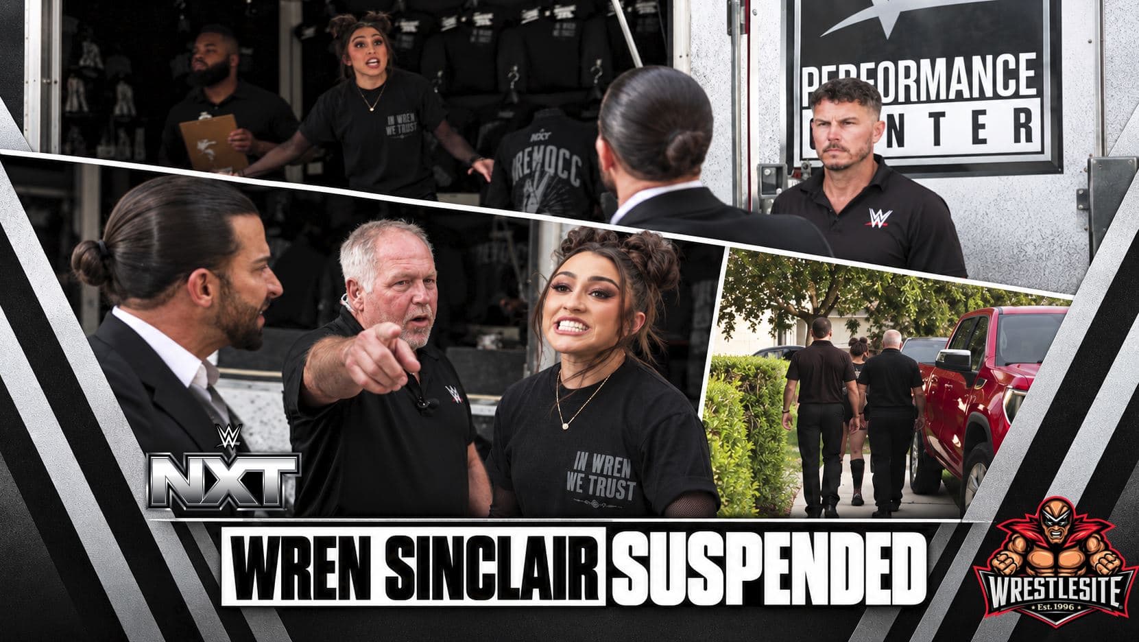 Wren Sinclair is escorted from NXT merch truck after violating her suspension outside the arena
