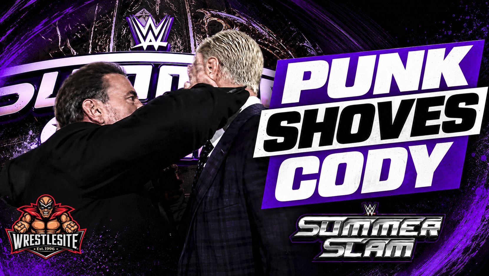 CM Punk shoves Cody Rhodes during their heated WWE SummerSlam Kickoff show championship confrontation