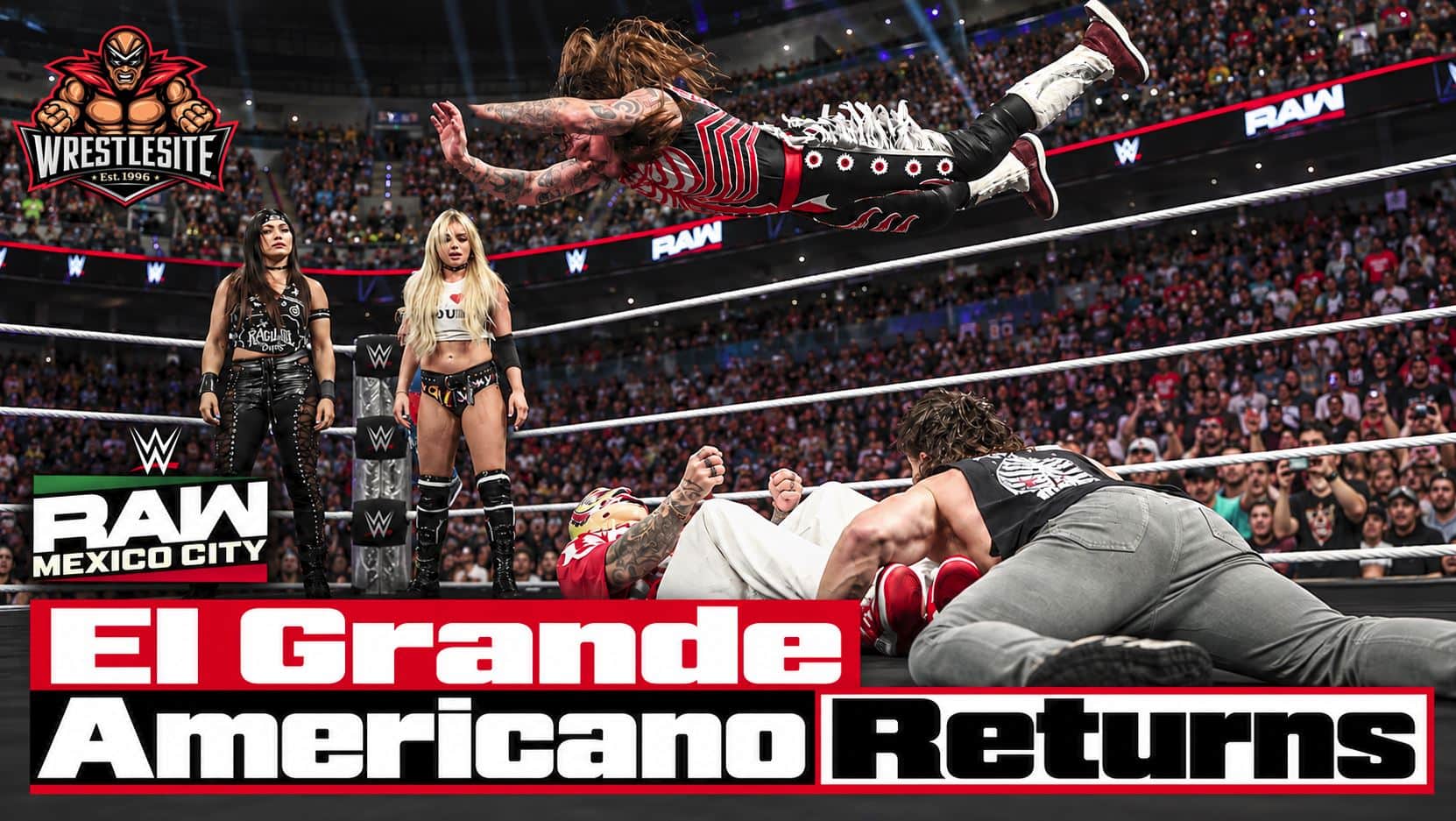 El Grande Americano stands alongside Stephanie Vaquer during his WWE RAW return in Mexico City