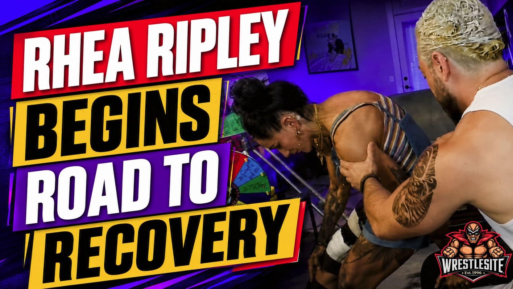 Rhea Ripley wears a knee brace and uses crutches following surgery for a torn meniscus
