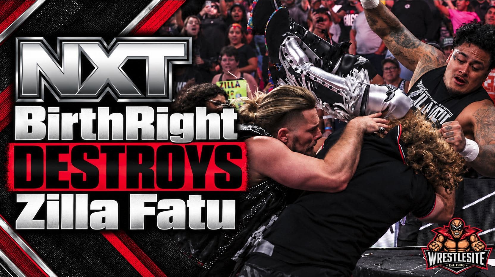 BirthRight stands over Zilla Fatu after attacking him and putting him through a table on WWE NXT