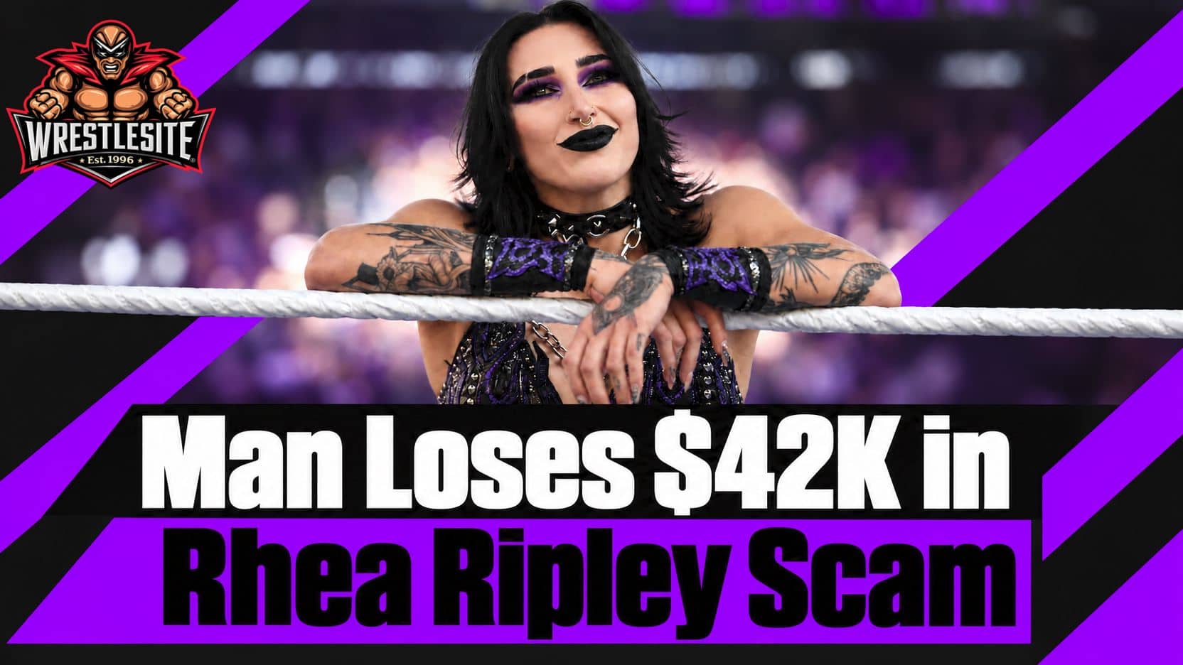 Rhea Ripley scam warning graphic about Pennsylvania man losing $42,700 to impersonator through social media