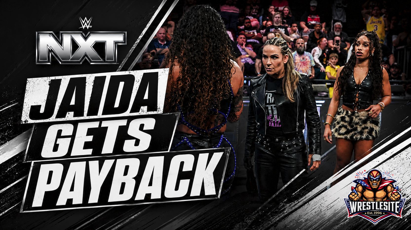 Jaida Parker hits Karmen Petrovic during WWE NXT match while Nattie watches from ringside