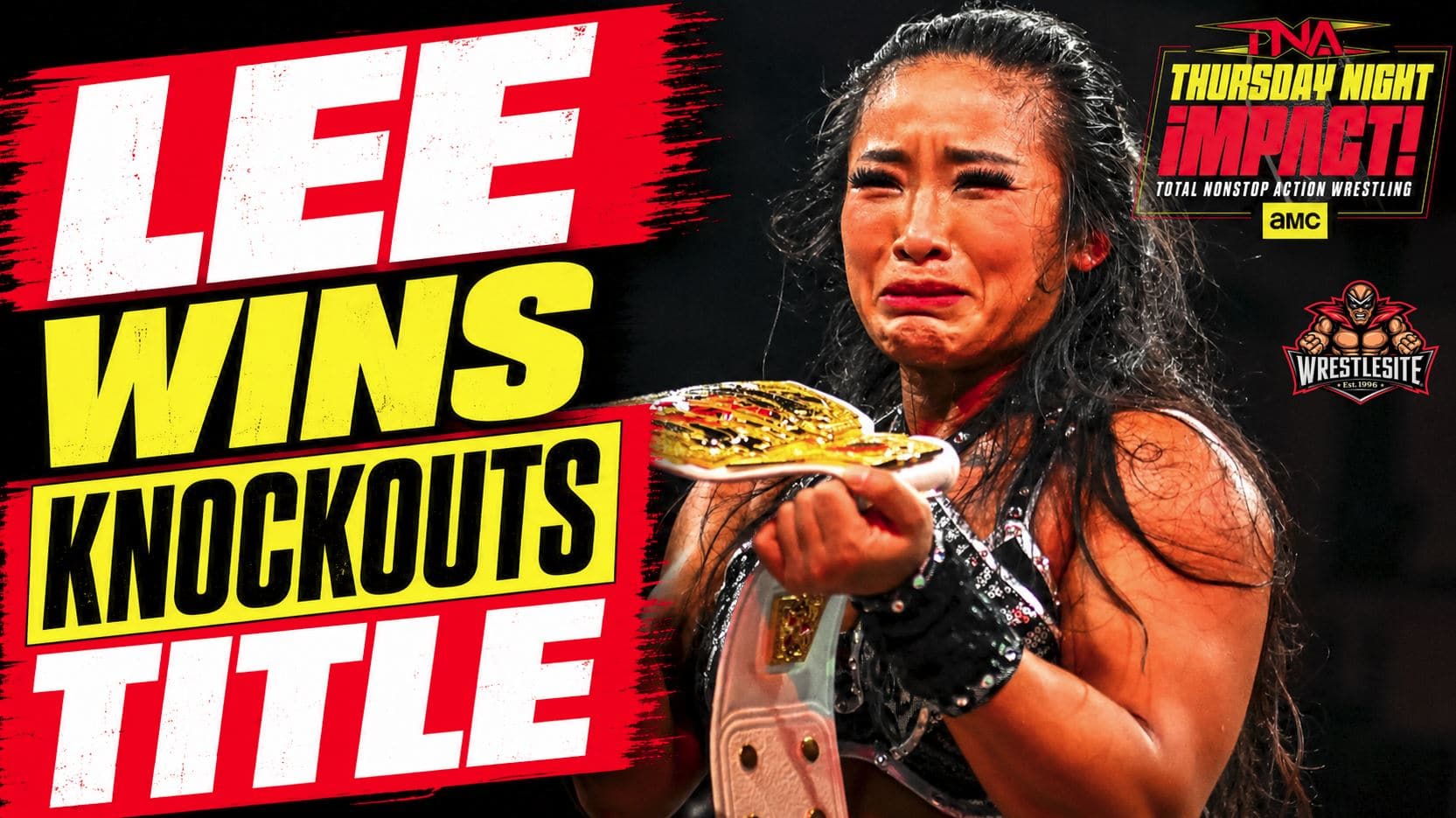 Léi Yǐng Lee celebrating after defeating Arianna Grace to win the Knockouts World Championship on TNA iMPACT