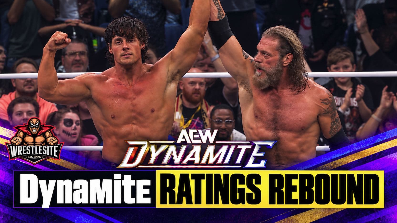 AEW Dynamite logo and ratings graphic showing 723,000 viewers and improved 18–49 demographic performance
