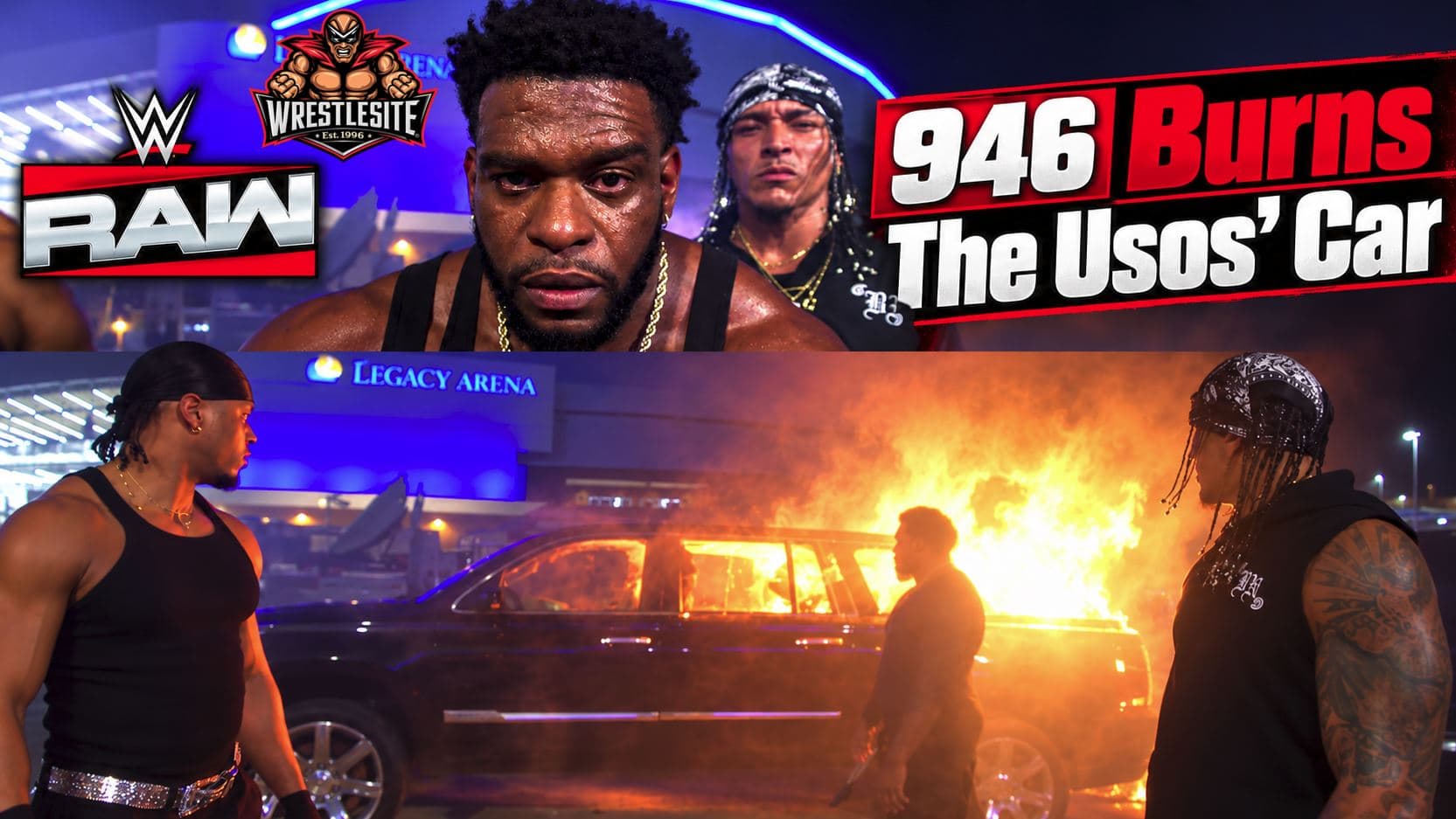 Royce Keys watches as Bronco Nima and Lucien Price set The Usos’ damaged car on fire during WWE Raw