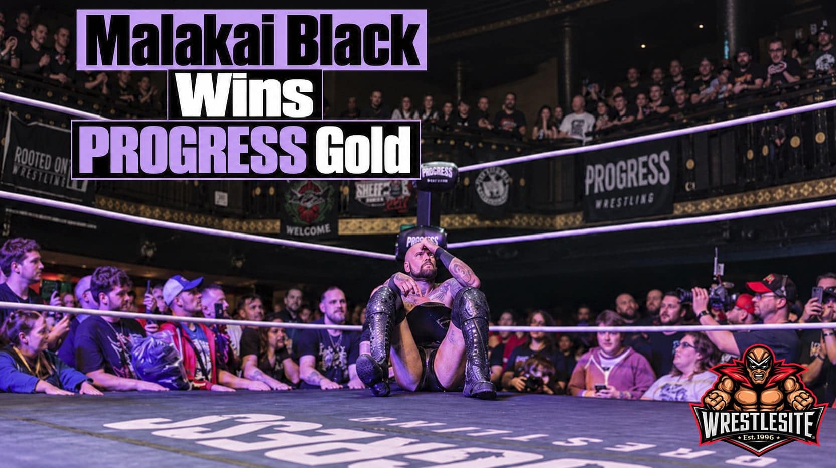 Malakai Black celebrates after defeating Cara Noir to capture the PROGRESS Men’s World Championship in England