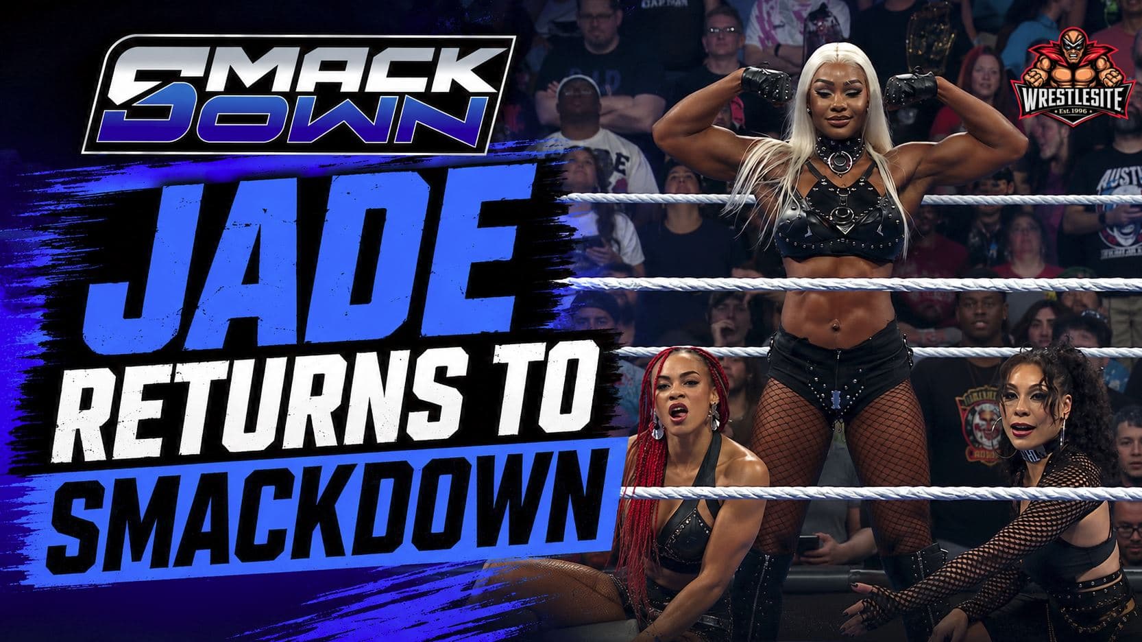 Jade Cargill standing inside the WWE SmackDown ring after attacking Rhea Ripley during her surprise return