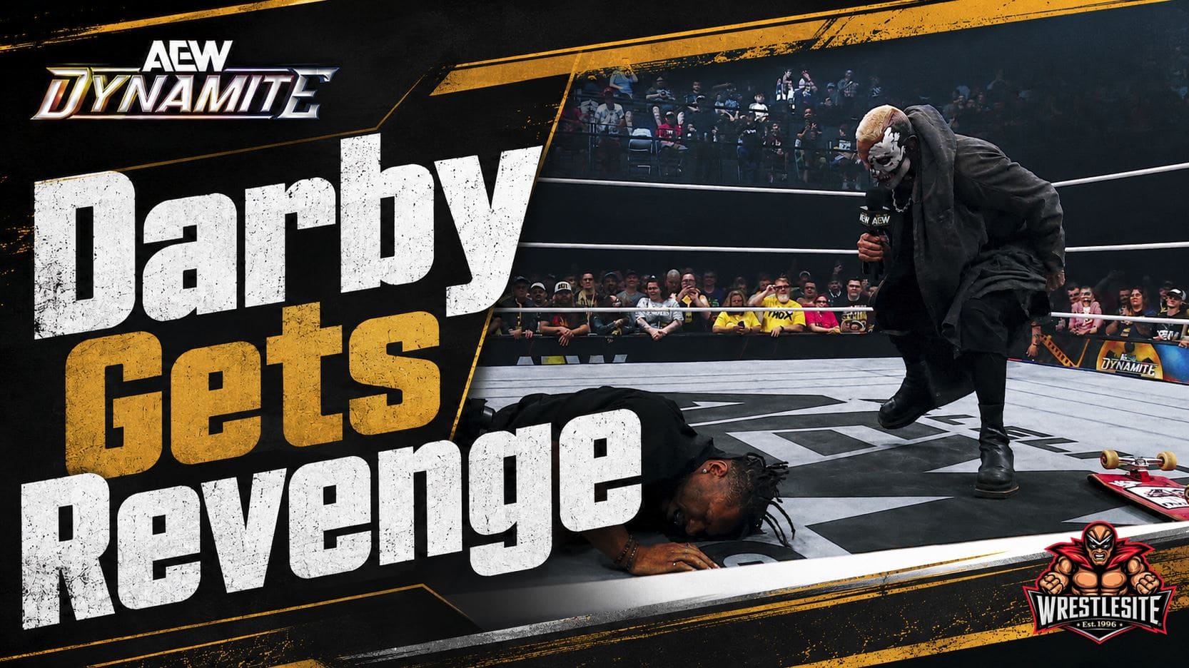 Darby Allin attacks Kevin Knight with a skateboard during an AEW Dynamite segment involving Don Callis