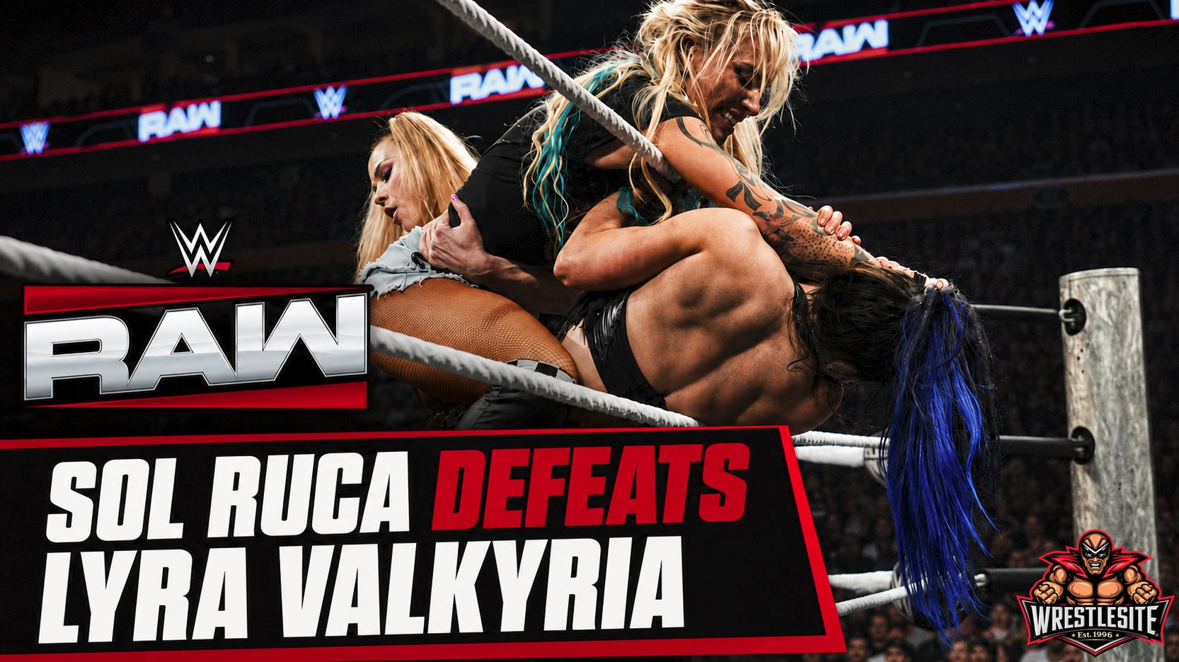 Sol Ruca hits the Sol Snatcher on Lyra Valkyria during their singles match on WWE Raw