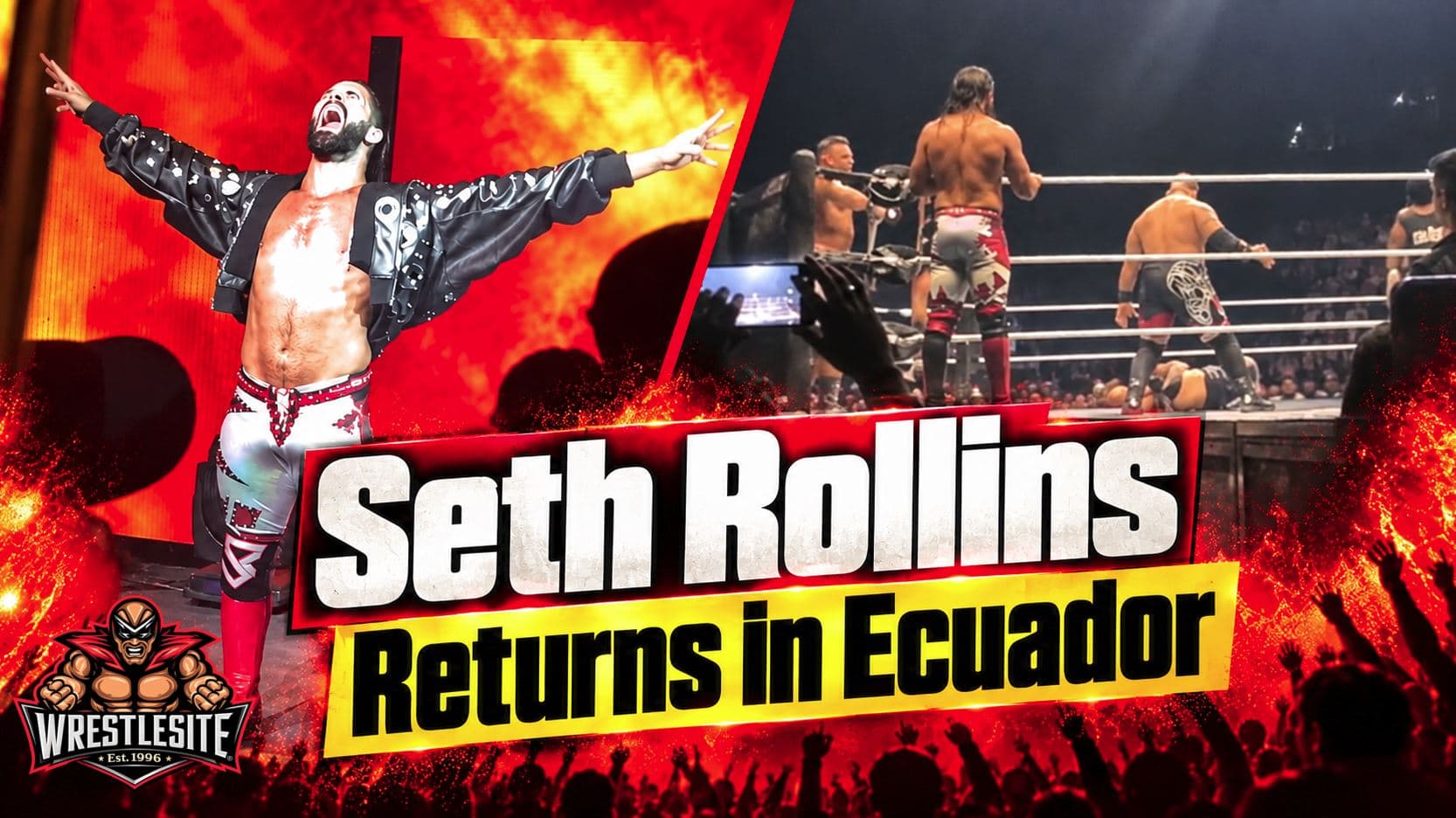 Seth Rollins celebrates his WWE in-ring return during the South America Live Tour event in Quito, Ecuador