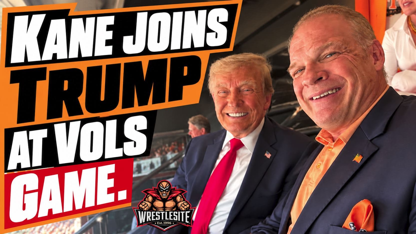 Kane watches Tennessee Volunteers football beside Donald Trump at Neyland Stadium during WWE appearance Saturday