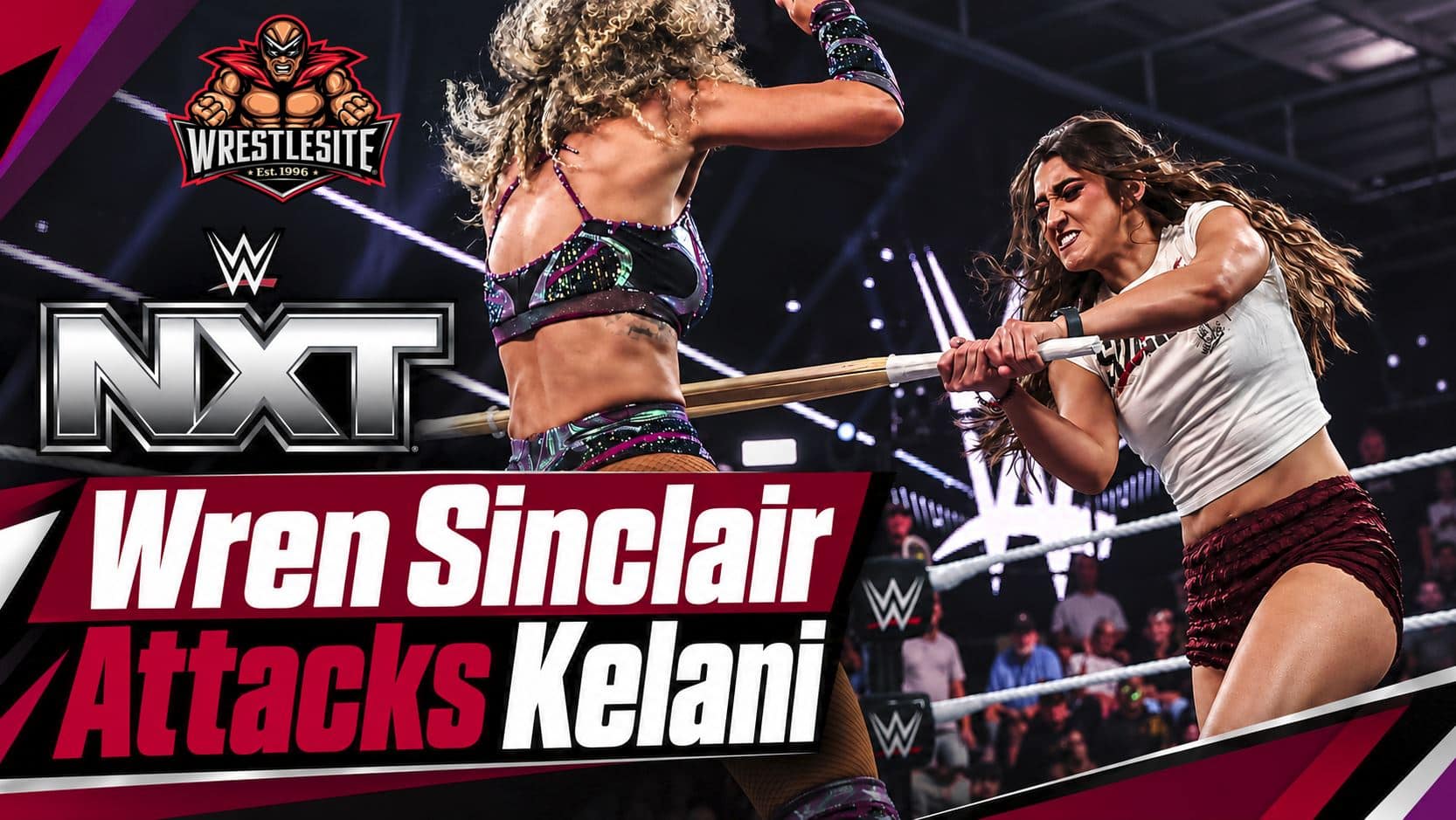 Wren Sinclair attacks NXT Women’s Champion Kelani Jordan with a kendo stick after her victory over Jaida Parker