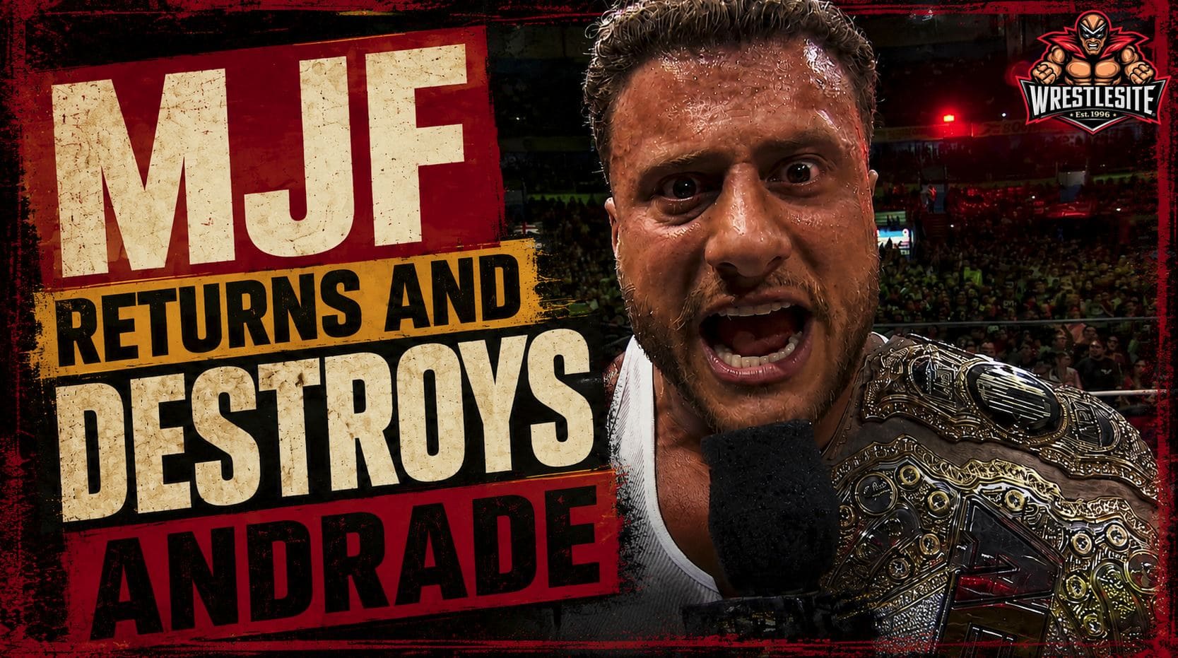 MJF attacks Andrade El Ídolo with his customized championship belt following the Casino Gauntlet qualifying match at AEW Grand Slam Mexico