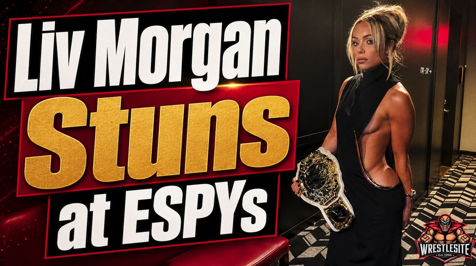 Liv Morgan carries the WWE Women’s World Championship while wearing a black backless dress at the ESPYs