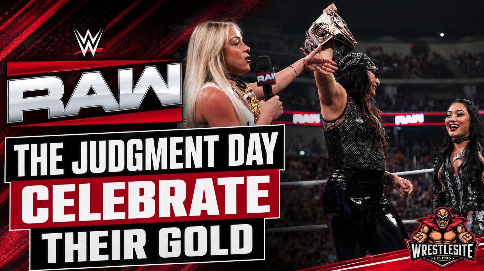Liv Morgan and Raquel Rodriguez celebrate their championship gold with The Judgment Day on WWE Raw