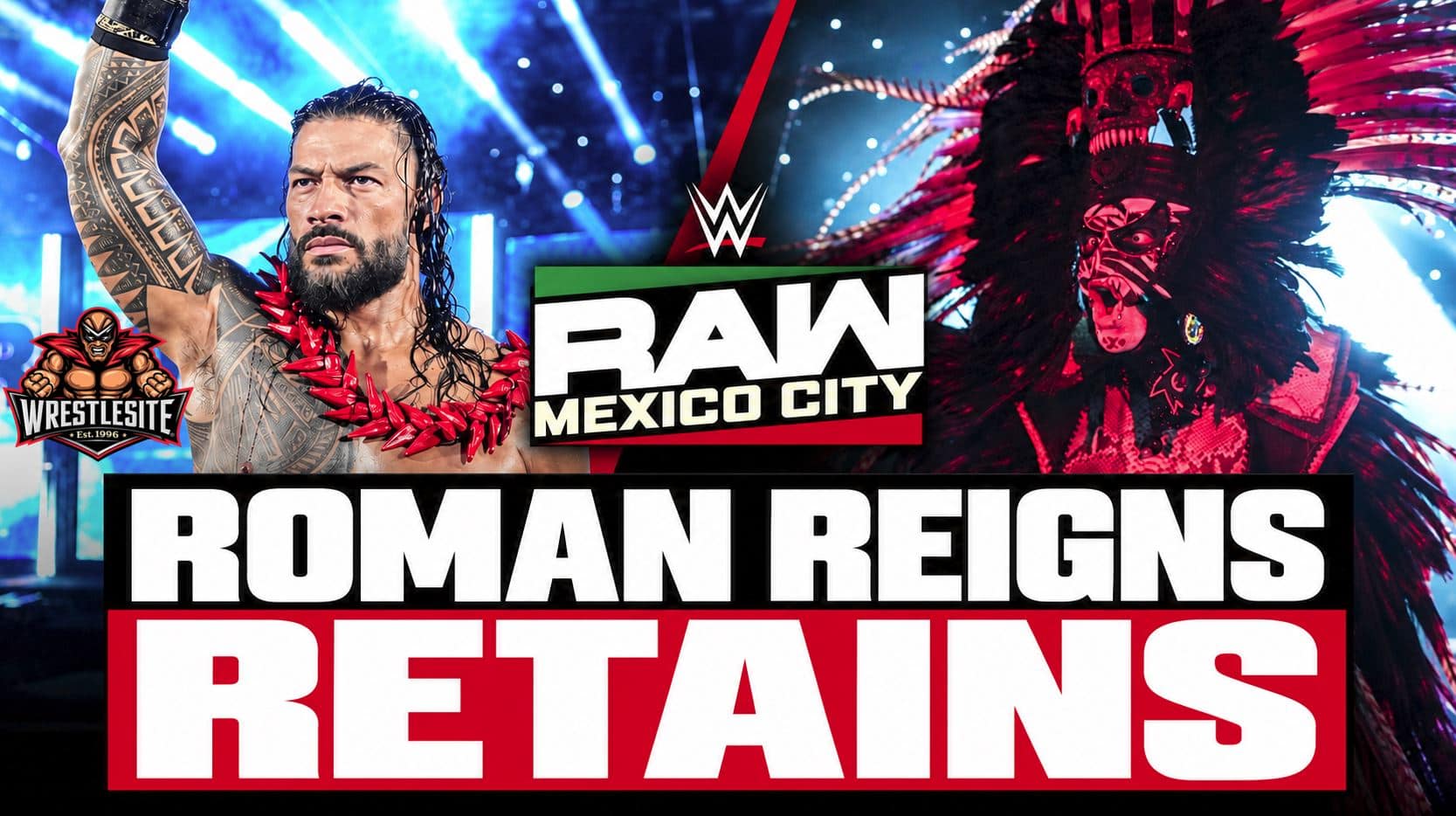 Roman Reigns celebrates retaining the World Heavyweight Championship against Penta on WWE RAW
