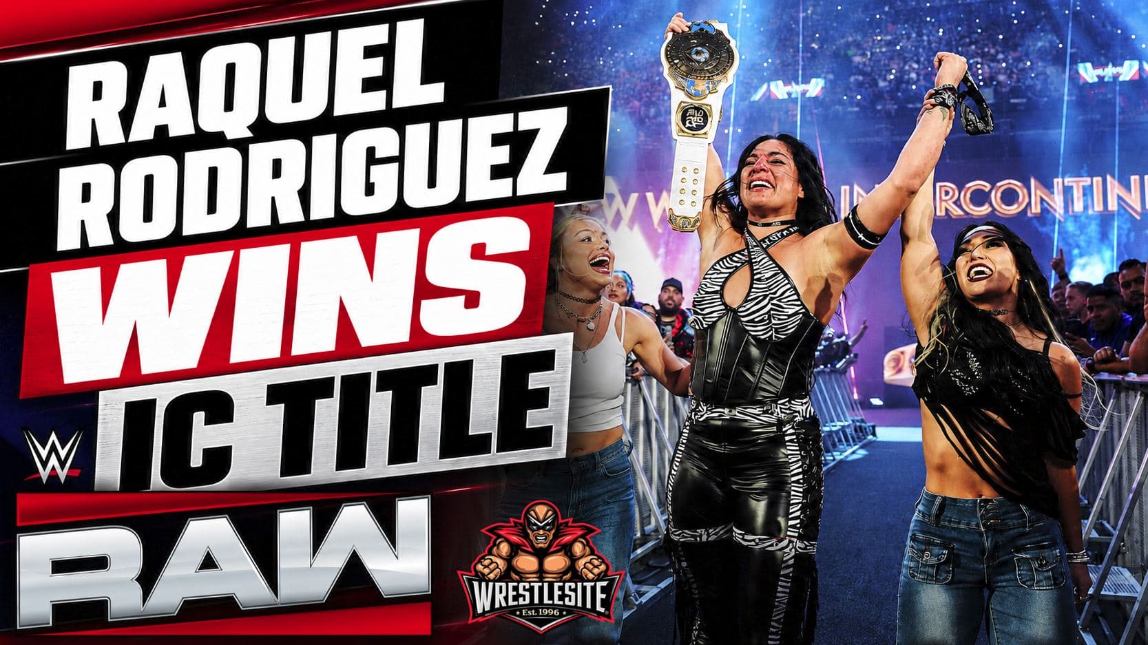 Raquel Rodriguez celebrates after defeating Sol Ruca to win the Women’s Intercontinental Championship on WWE Raw