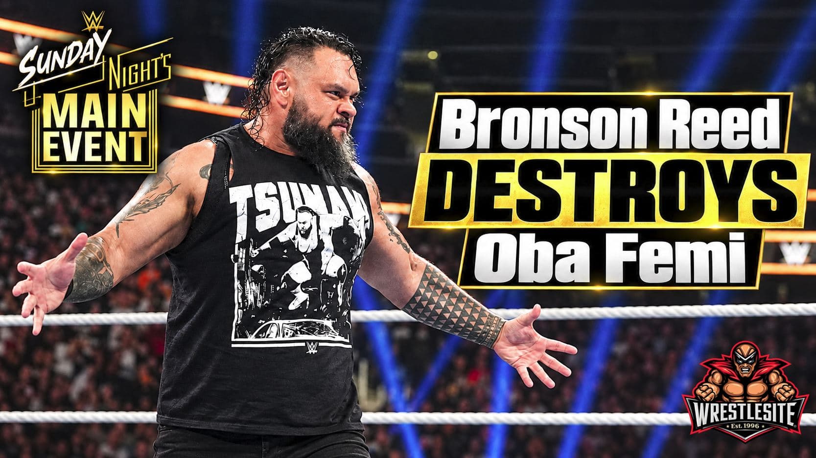 Bronson Reed delivers a Tsunami to Oba Femi after returning during his match against Bron Breakker