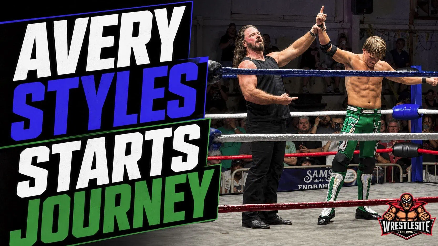 Avery Styles hits a Phenomenal Forearm during his pro wrestling debut with AJ Styles ringside
