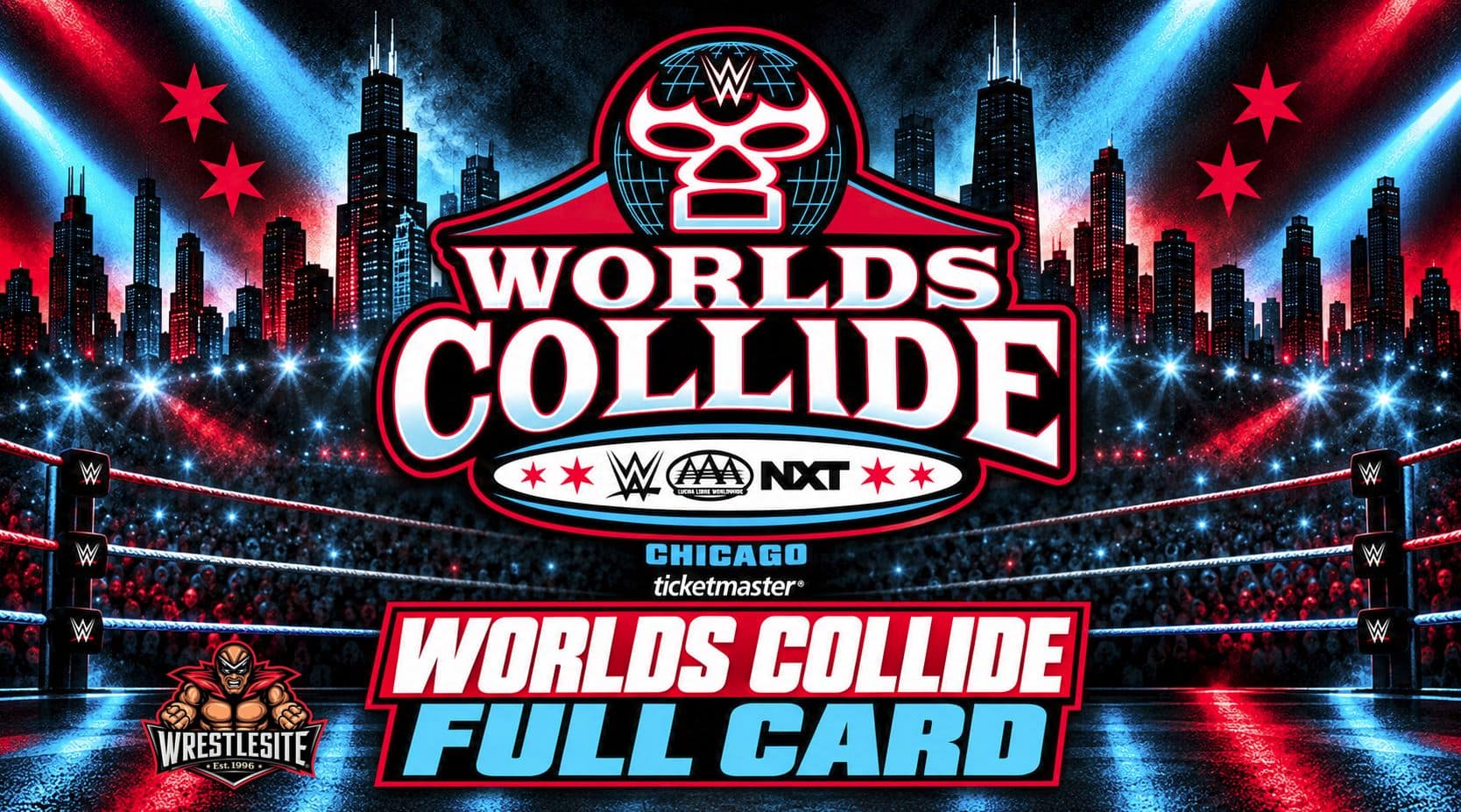 WWE Worlds Collide 2026 match card featuring AAA, Raw, SmackDown, and NXT stars in Rosemont
