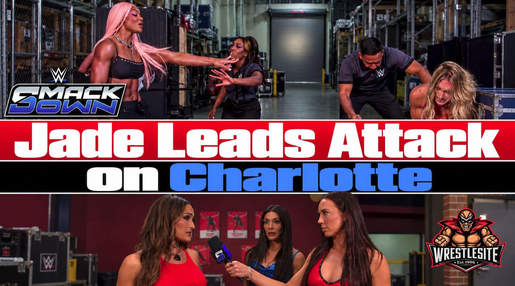 Jade Cargill leads Michin and B-Fab in attacking Charlotte Flair backstage during October 9 SmackDown