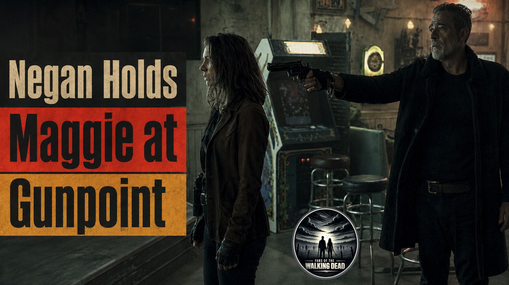 Negan points a gun at Maggie during AMC’s Walking Dead Dead City Hourglass episode trailer