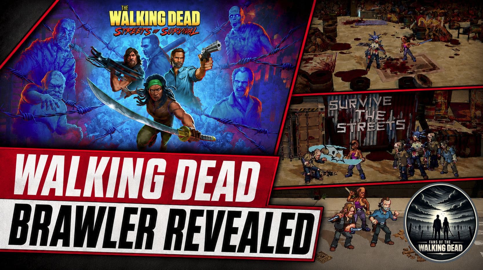 Rick Grimes, Daryl Dixon and Michonne battle walkers in the retro-inspired game The Walking Dead: Streets of Survival
