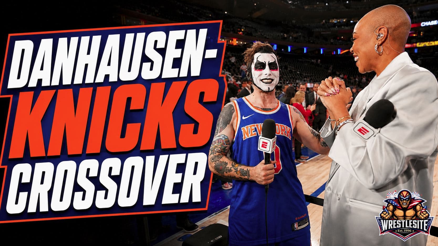 Danhausen poses with New York Knicks branding ahead of WWE Saturday Night’s Main Event at Madison Square Garden