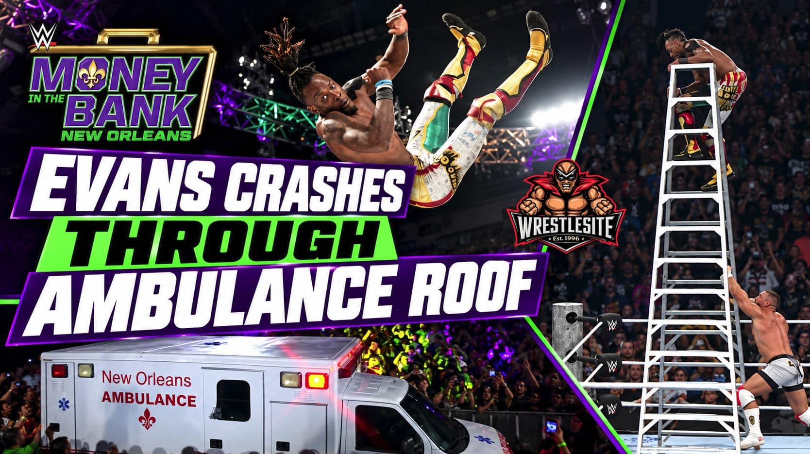 Je’Von Evans crashes through an ambulance roof after Bron Breakker tips his ladder at WWE